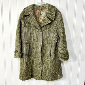 Vintage Davis Of Boston Lazarous Pea Coat Women Green Woven Double Breasted